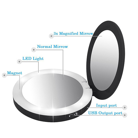 USB Round compact Power Bank Led makeup mirror Black 9cm - 6900000