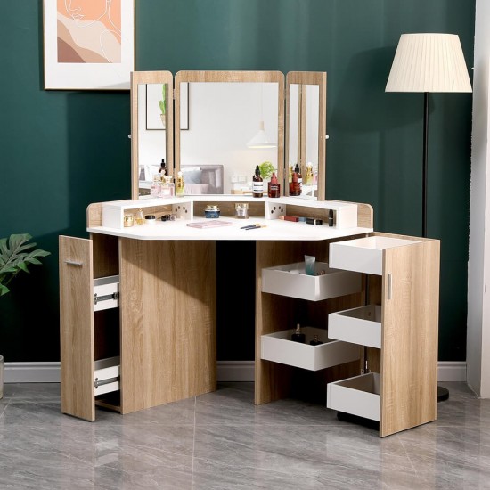 Corner Vanity Table with Trifold Mirror Natural White-6961066