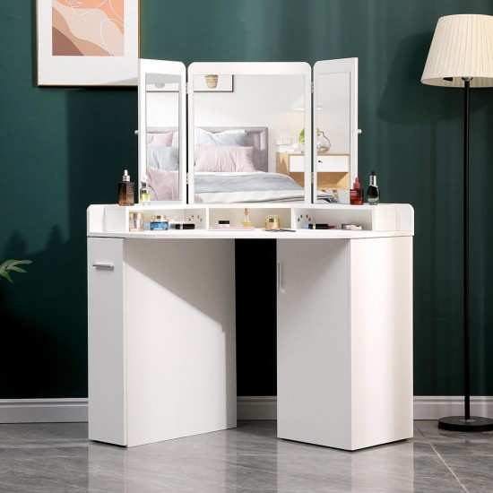 Corner Vanity Table with Trifold Mirror White-6961067