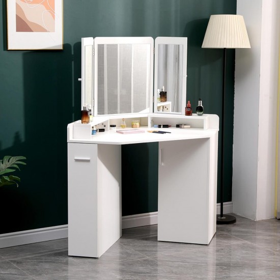 Corner Vanity Table with Trifold Mirror White-6961067